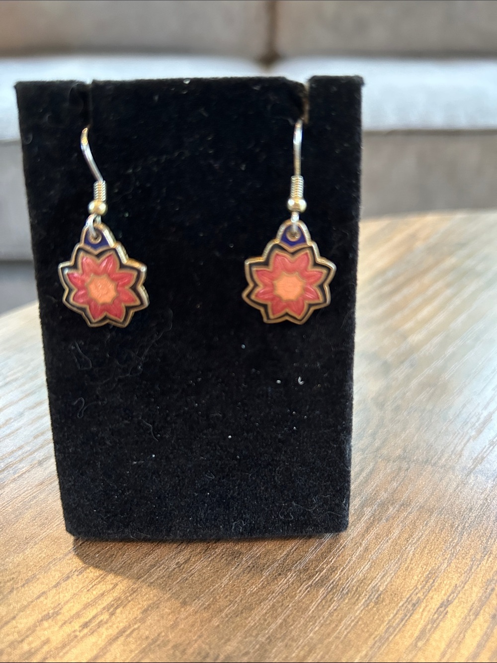Vintage Cloisonné Dangle Enamel Earrings featuring a red and orange floral motif